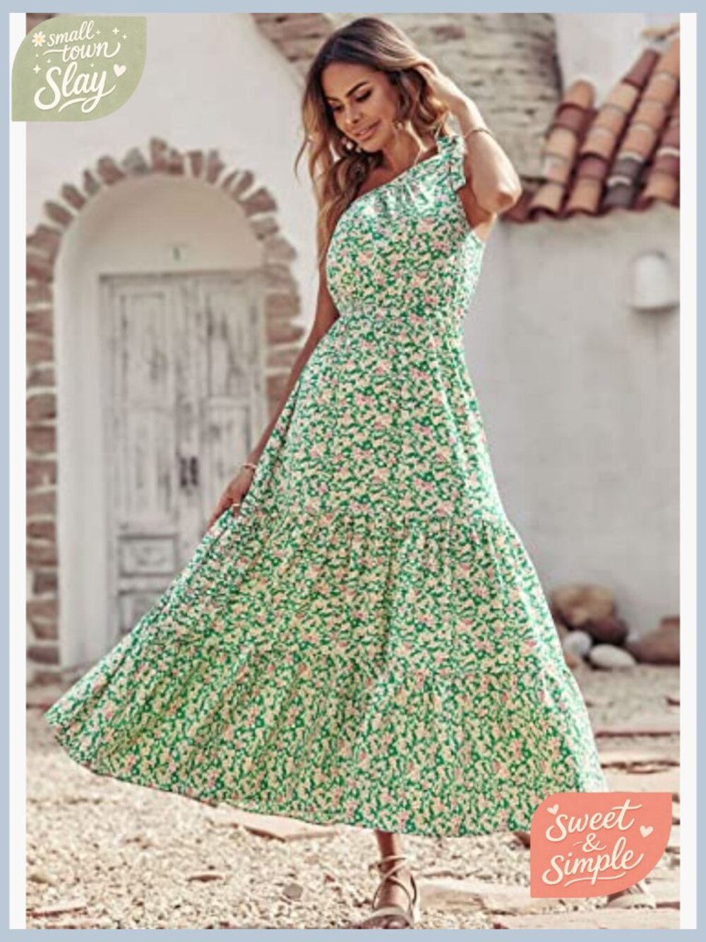 One Shoulder Maxi Dress Floral Tiered Boho Ruffled Swing Sun Dress - Picture 5 of 7